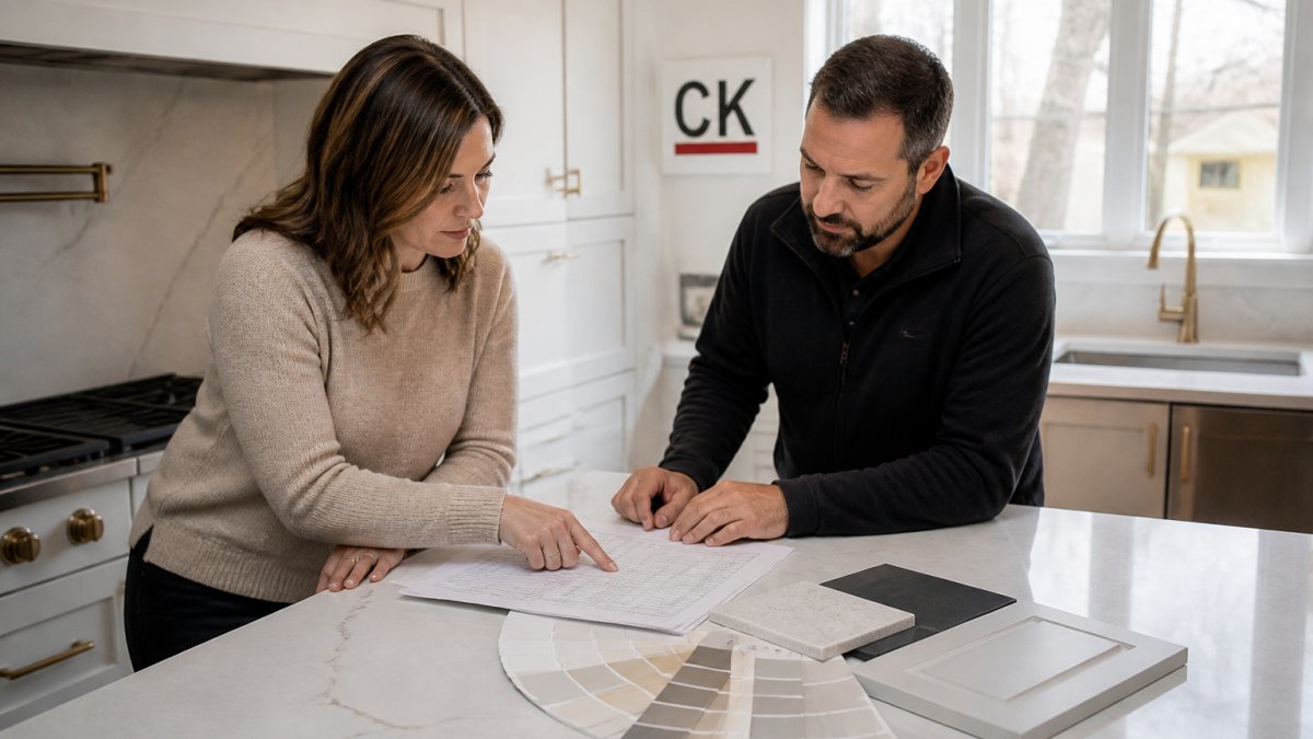 A homeowner and contractor reviewing a printed renovation budget spreadsheet on a kitchen counter beside paint swatches and tile samples, natural window light