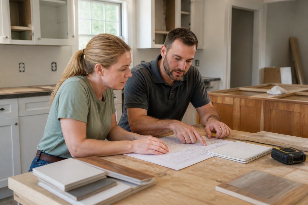 Homeowner and contractor reviewing a renovation budget spreadsheet on a laptop in a kitchen under construction