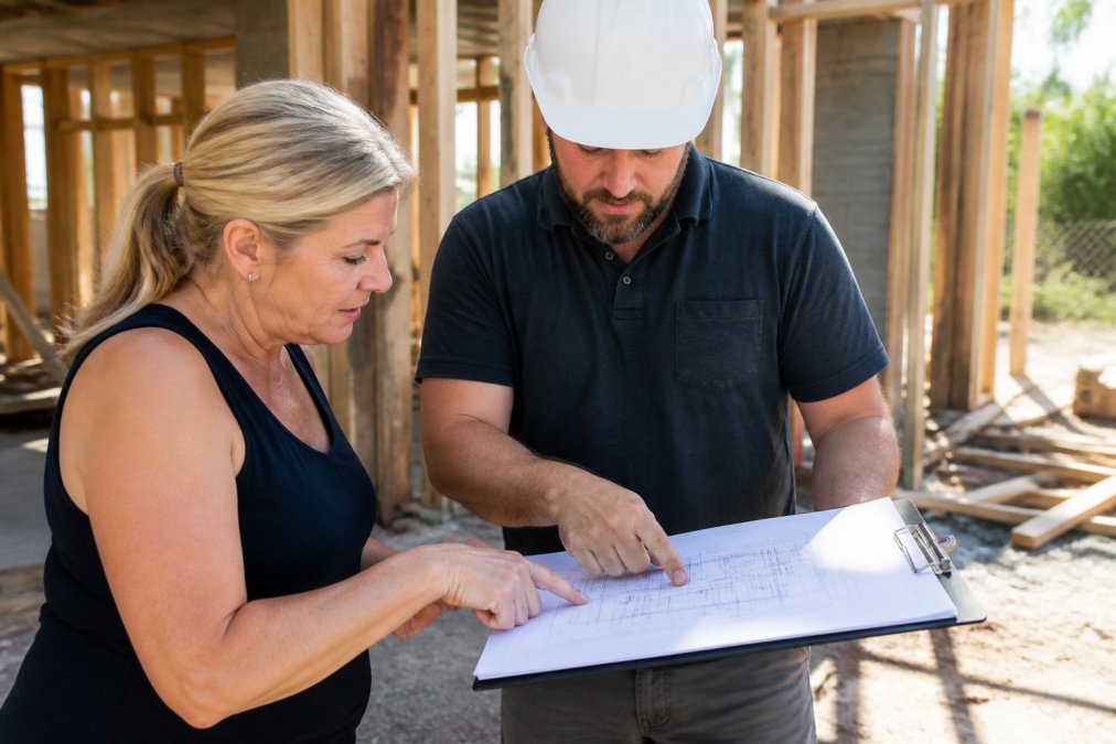 Contractor and homeowner reviewing construction plans and timeline on a clipboard at the job site, both pointing to specific sections of the blueprint with natural sunlight illuminating the work area