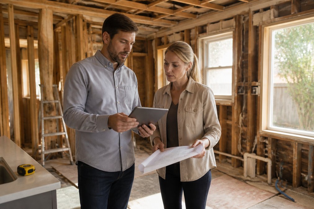 Homeowner and project manager discussing contingency budget and timeline adjustments at a kitchen renovation site with exposed framing visible in the background, both reviewing documents on a tablet with afternoon light streaming through the windows