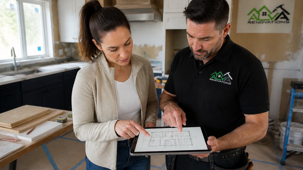 Homeowner and contractor reviewing renovation plans on a tablet to learn how to avoid renovation project delays