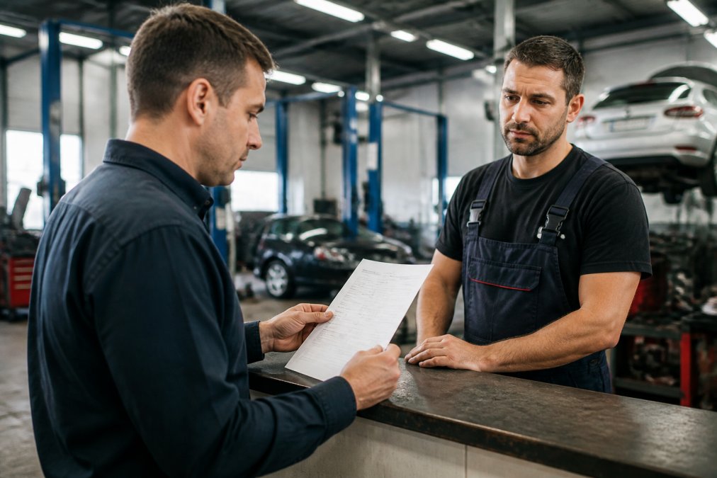 A concerned car owner reviewing a paper repair invoice at a service counter, with a mechanic in work overalls standing behind the counter in a busy workshop, overhead fluorescent lighting