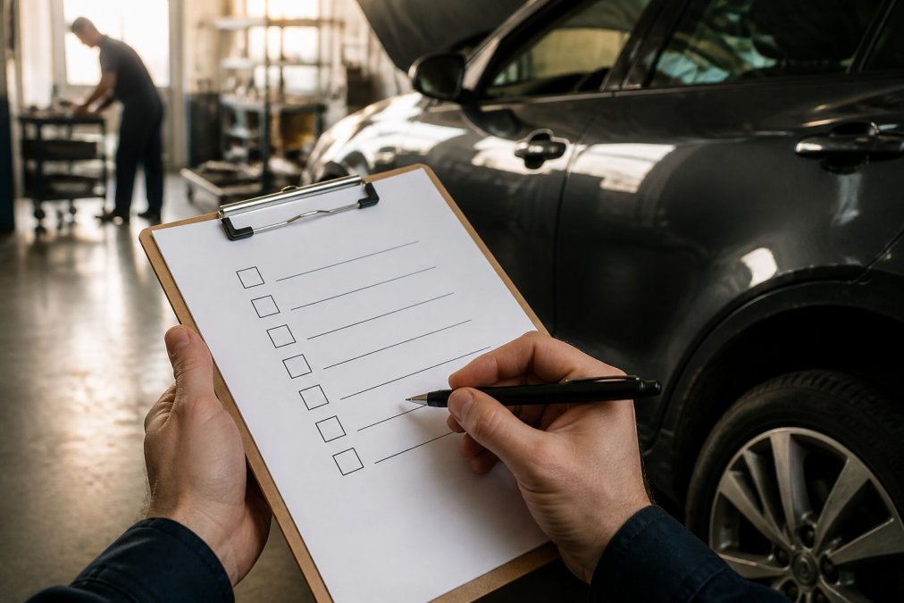 Close-up of a person's hands holding a clipboard with a printed checklist beside a car in a repair workshop, pen in hand ready to tick items, warm workshop lighting in the background