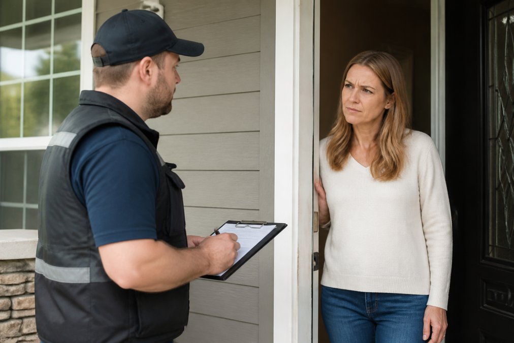 Door-to-door salesman in work vest holding clipboard at residential front door, homeowner looking skeptical in doorway