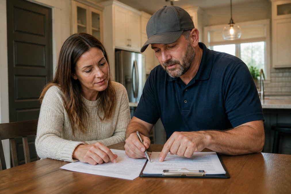 Homeowner and contractor reviewing detailed written contract and estimate document at kitchen table with pen and clipboard