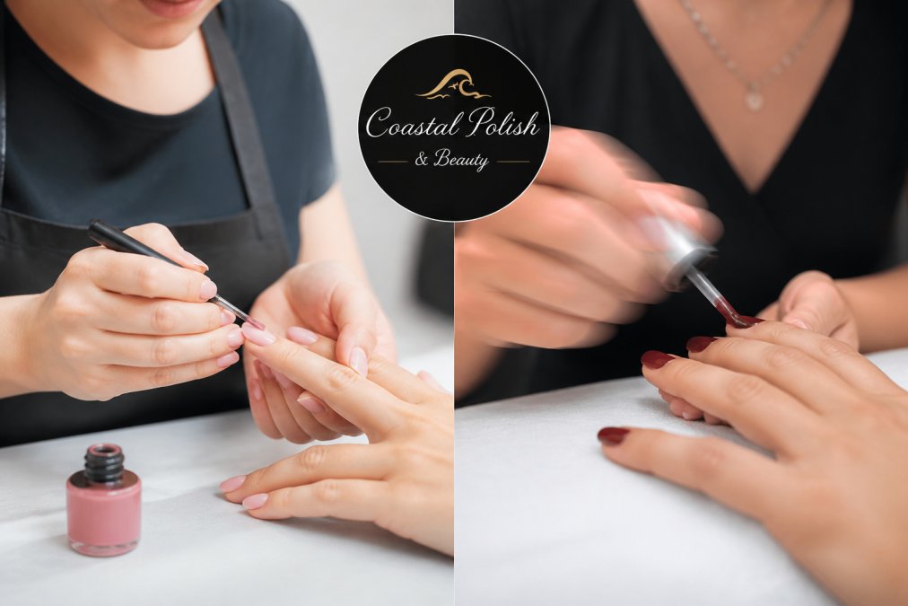 A close-up of a nail technician's hands carefully applying thin layers of gel polish with precision brushwork, showing proper technique with attention to even coverage and smooth application in a well-lit salon workspace