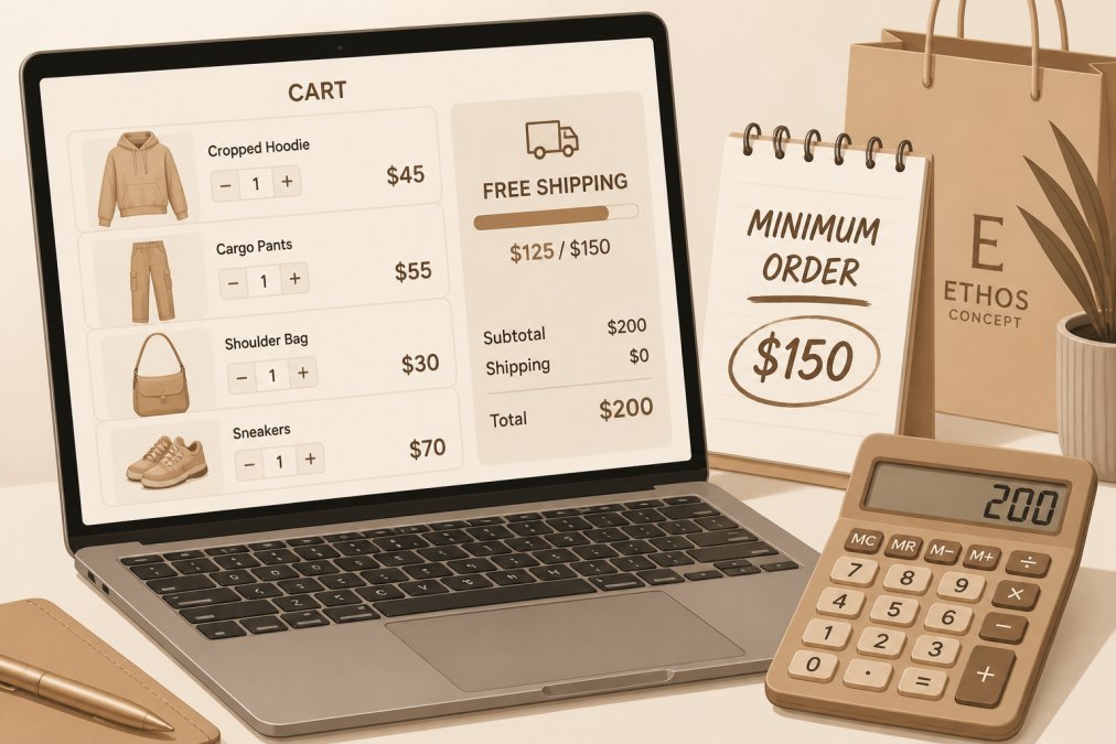 Close-up of a laptop screen showing an online shopping cart with multiple fashion items, a notepad with 'minimum order $150' written on it, and a calculator nearby on a desk