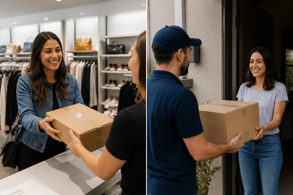 Woman picking up a package from a retail store counter, smiling, with store shelves and product displays visible in the background
