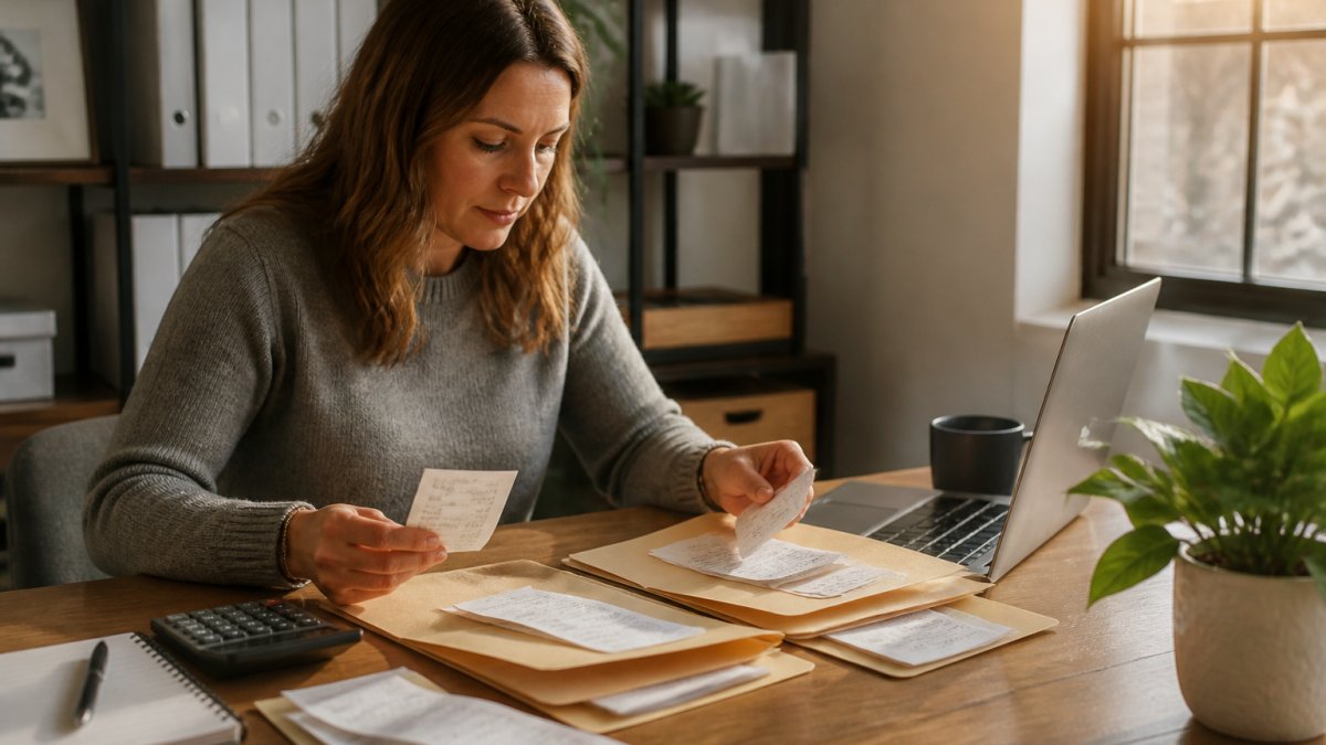 A small business owner at a tidy wooden desk sorting paper receipts into labeled manila folders beside a laptop showing a bookkeeping spreadsheet, warm afternoon light through a window