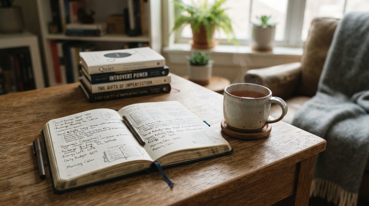 Person sitting alone in a quiet, peaceful home office with soft natural lighting, journal and tea cup on the desk, reflecting peacefully