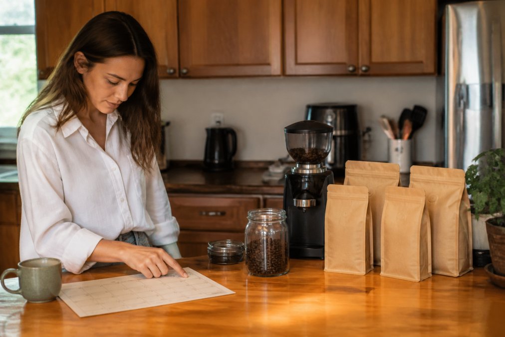 Person at home checking a calendar or coffee inventory, with coffee bags and a grinder visible on the counter
