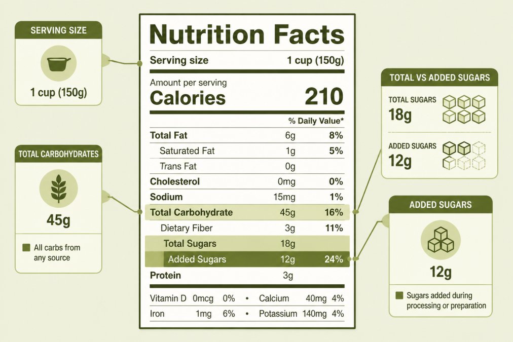 Annotated nutrition label diagram highlighting the Added Sugars line, serving size, and the difference between total carbohydrates and added sugars rows, with arrows pointing to key values