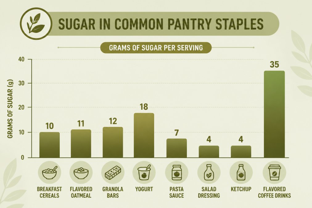Bar chart comparing sugar content in grams per serving across common processed foods: breakfast cereals (10g), flavored oatmeal (11g), granola bars (12g), yogurt (18g), pasta sauce (7g), salad dressing (4g), ketchup (4g), and flavored coffee drinks (35g)