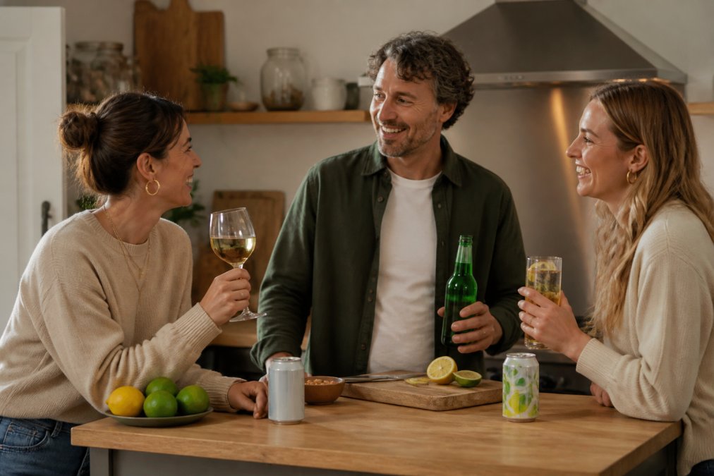 A kitchen counter at home with a chilled alcohol free beer, a glass of non-alcoholic wine and a can of iced tea, glasses and fresh citrus nearby, warm natural light
