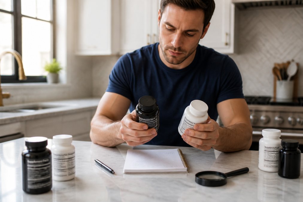 A person at a kitchen counter with several supplement bottles, a notepad, and a pen, carefully comparing ingredient labels side by side in natural daylight