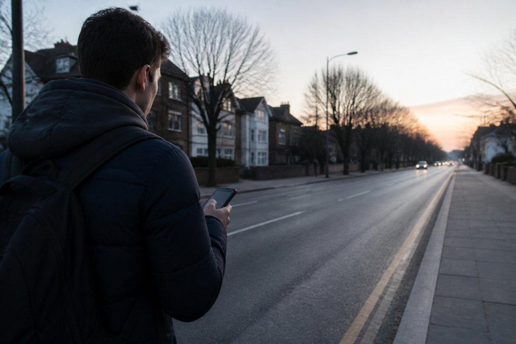 Commuter checking a taxi booking app on their smartphone during early morning hours, with a quiet street and minimal traffic visible in the background, natural dawn lighting