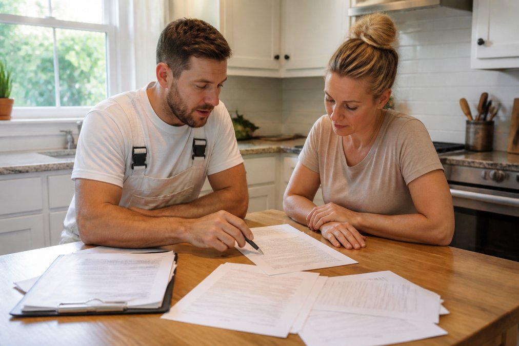 A homeowner and a painting contractor reviewing and signing a detailed contract together at a kitchen table, paperwork spread out and a pen in hand, natural daylight from a window
