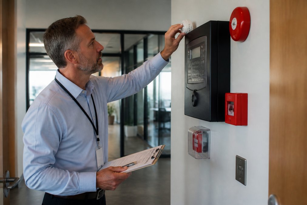 Facility manager in professional attire inspecting fire alarm panel mounted on wall in modern commercial building, checking sensor lens and documentation clipboard, natural office lighting