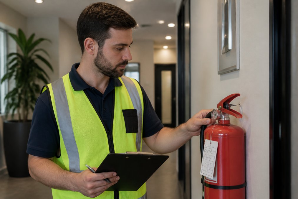 Maintenance technician in safety vest performing fire extinguisher pressure gauge check in office building hallway, holding inspection clipboard with compliance tag visible, professional office environment with good lighting