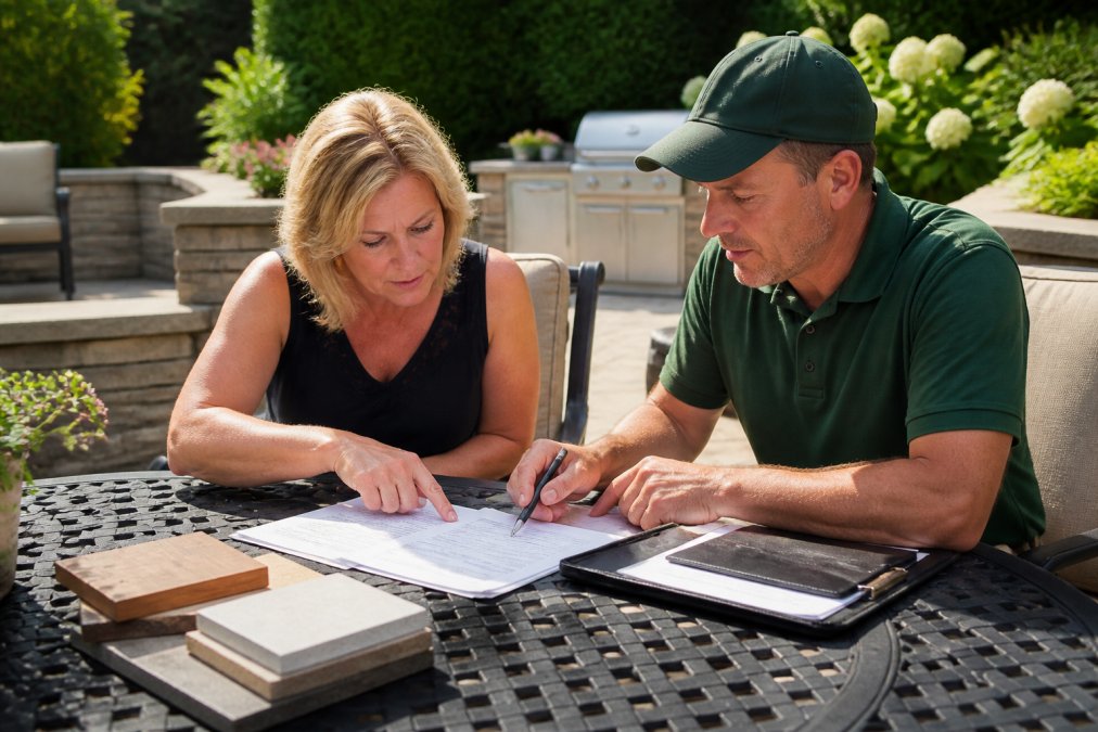 A homeowner and a landscape contractor sitting at an outdoor patio table reviewing a printed project estimate together, pointing at specific line items in bright afternoon sunlight