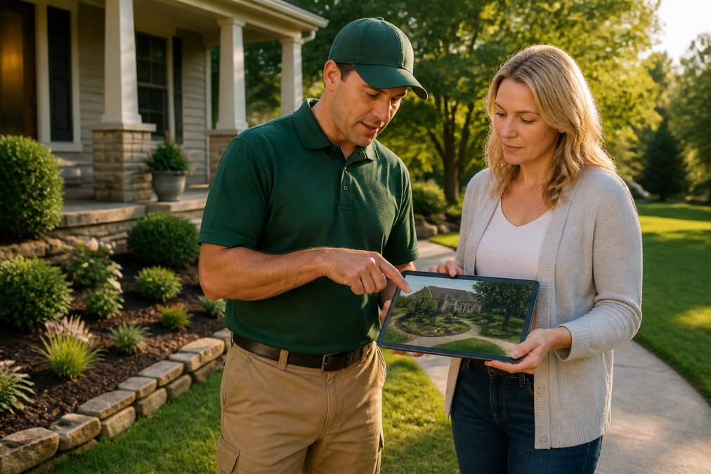 A professional landscaper in a company uniform speaking with a homeowner on a residential front lawn, both reviewing a tablet displaying a landscape design plan in warm morning light