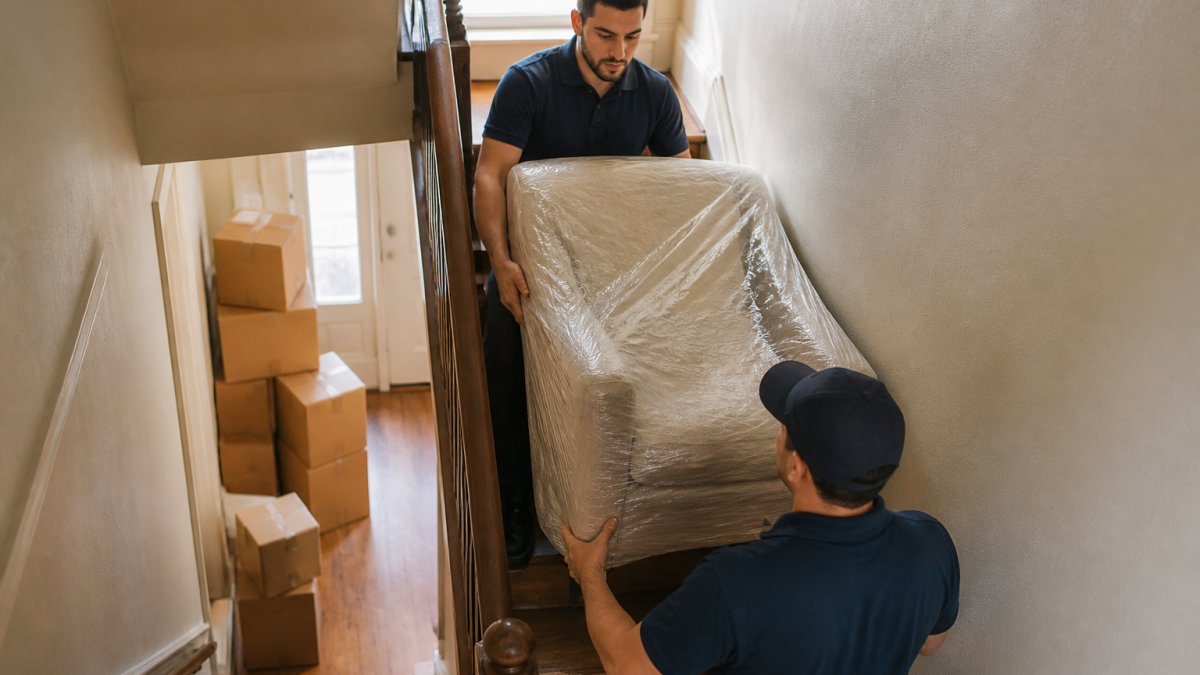 A mover in uniform carrying a wrapped armchair down a narrow residential staircase while a second mover guides from below, with boxes stacked in the hallway