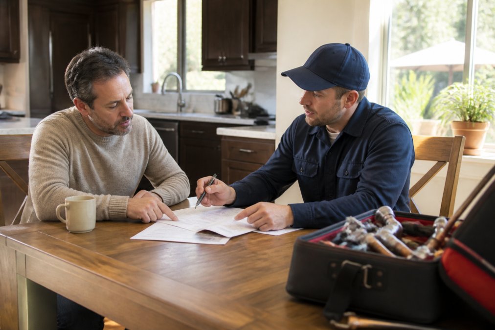 A homeowner at a kitchen table reviewing paperwork with a licensed plumber in uniform, toolbox open on the floor, warm afternoon light through the window