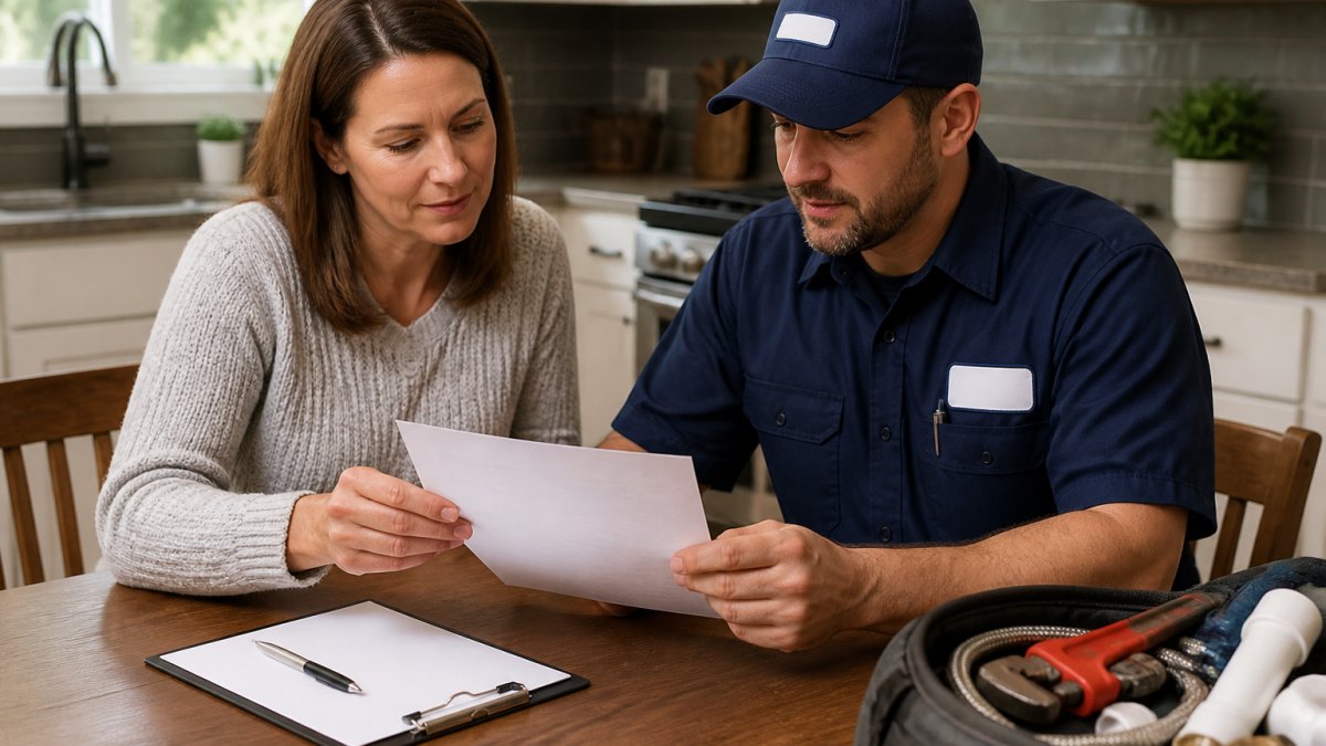 A homeowner and a plumber in uniform reviewing a printed written estimate at a kitchen table, both looking at the document, clipboard and pen nearby