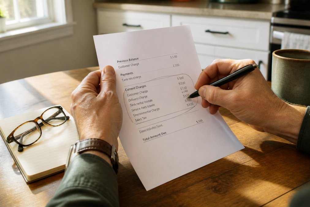 Person's hands holding a propane bill at a kitchen table, circling service charges with a pen while a notepad and reading glasses sit nearby in natural morning light