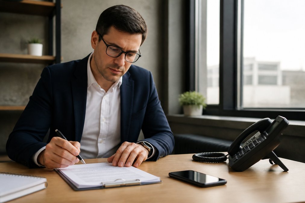 Business professional reviewing a contract document on a desk with a pen and phone, preparing for a negotiation call with natural window lighting