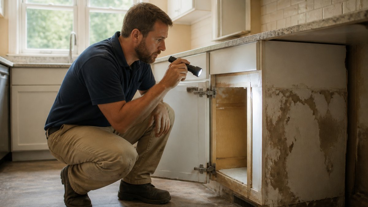 Contractor in work clothes examining kitchen cabinets and walls with a flashlight, checking for water damage and structural issues in an older kitchen with natural light from windows