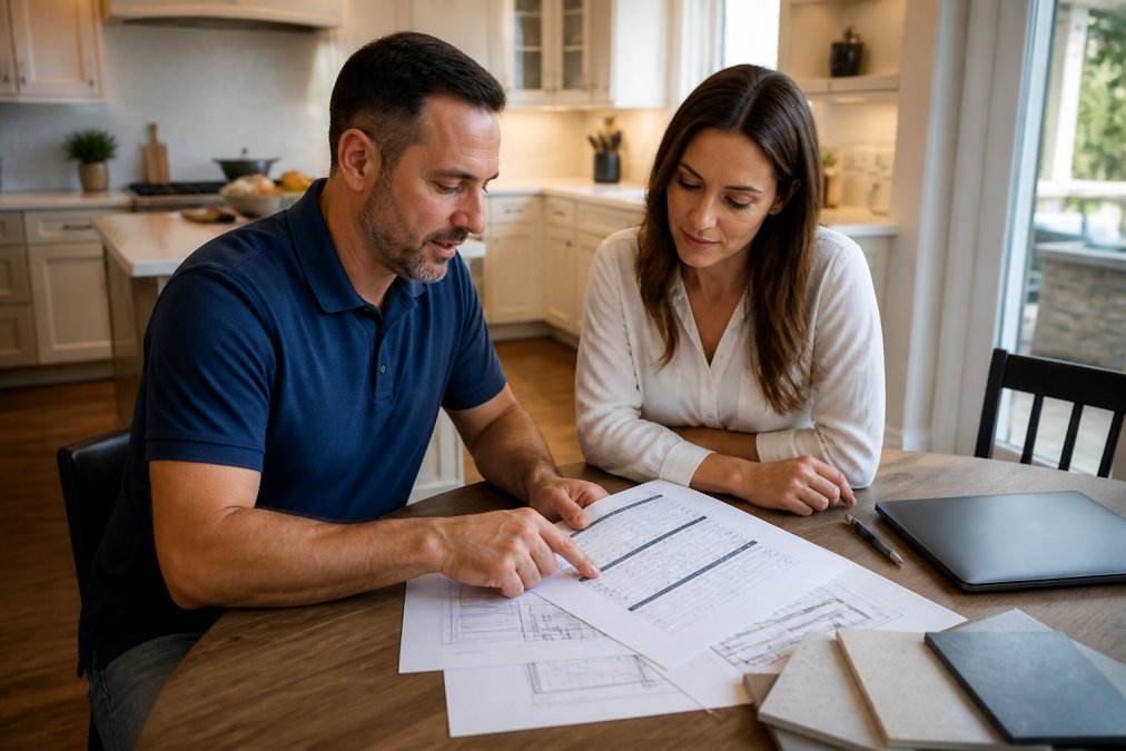 A homeowner and a contractor reviewing a detailed budget spreadsheet together at a kitchen table, with a laptop and printed documents visible under warm natural light