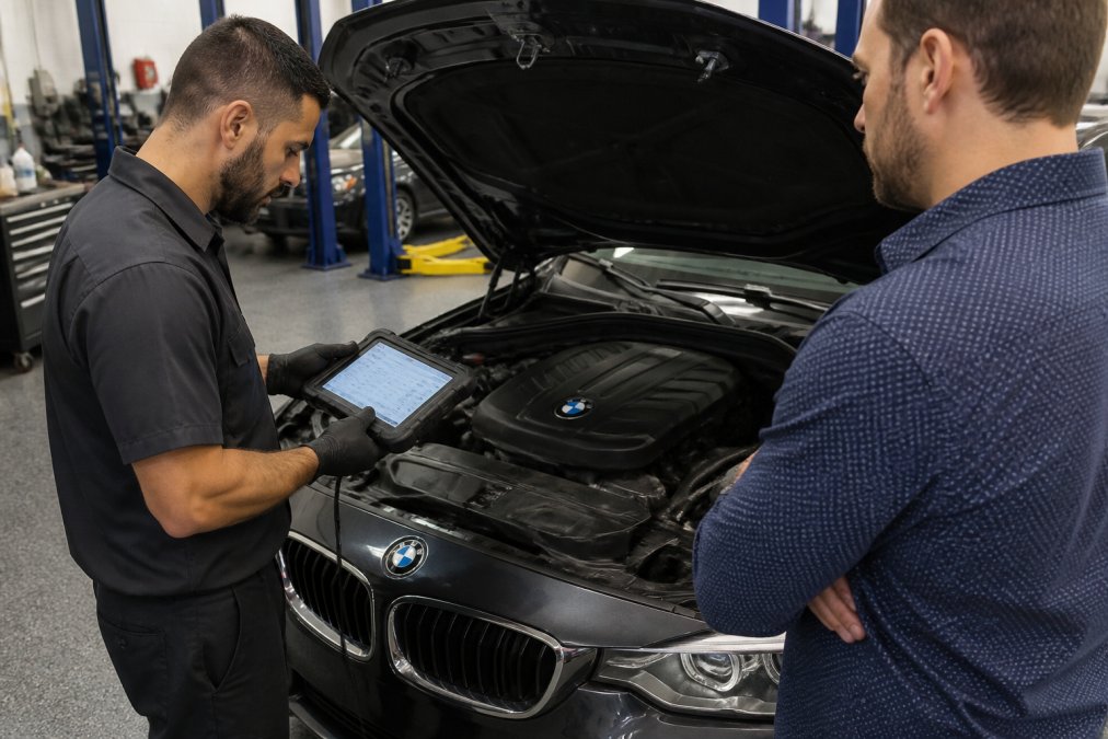 Mechanic using a diagnostic scanner on a BMW to help owners avoid surprise repair bills by identifying engine issues.