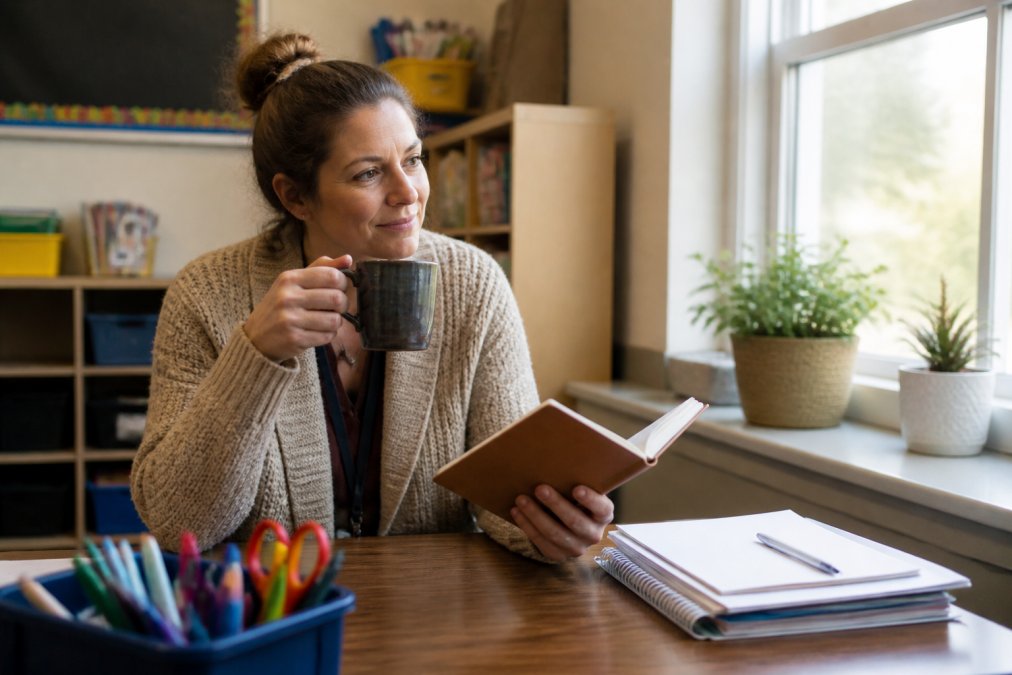 A teacher taking a moment for self-care with a journal and warm mug to manage teacher burnout in a quiet classroom.