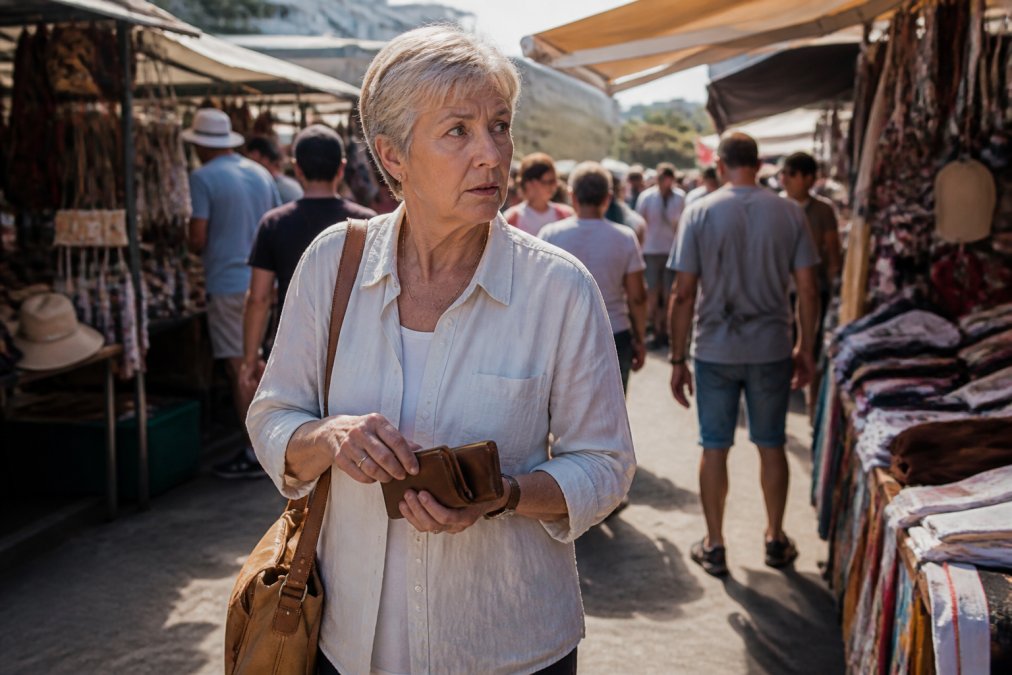 A mature traveller checking their smartphone and wallet at a busy street market stall, alert expression while scanning surroundings, natural daylight illuminating the crowded marketplace