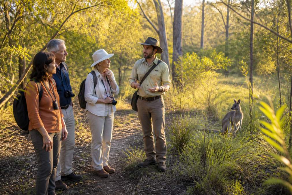 A small group of mature travellers walking with a local guide through a quiet regional landscape, stopping to observe native wildlife, engaged in genuine conversation, golden afternoon light filtering through native trees