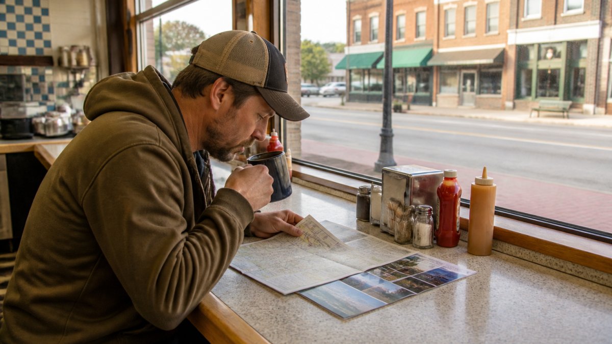 Traveler checking phone at a local Kansas diner counter, reviewing maps and local recommendations with authentic small-town storefronts visible through the window