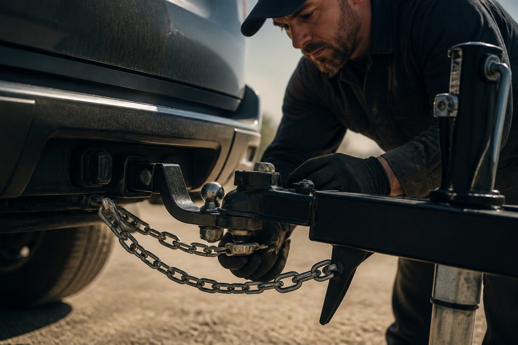Professional mechanic inspecting a properly secured trailer hitch with safety chains attached to the tow vehicle frame, close-up detail shot in daylight