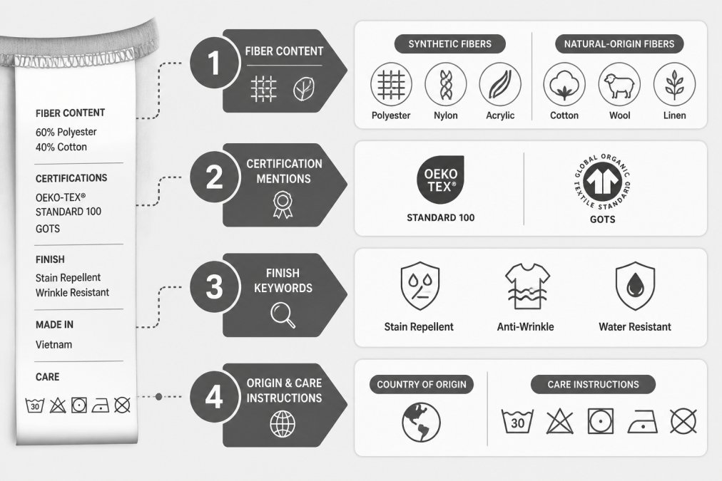 4-step flowchart for reading labels to avoid toxic chemicals in clothes by checking fibers, certifications, and finishes.