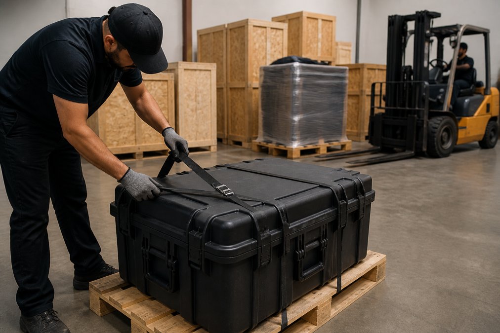Warehouse worker securing a molded case to a pallet for tradeshow shipping with crated materials nearby