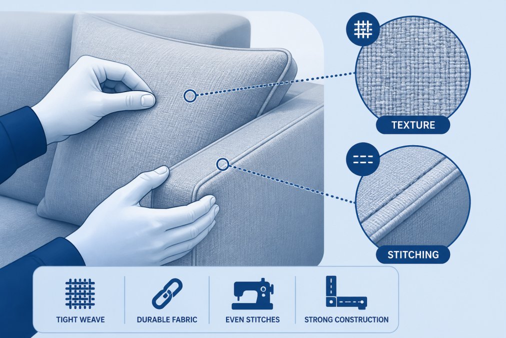 Hands examining furniture upholstery texture and stitching detail, close-up showing fabric weave quality and construction seams on a neutral-colored sofa