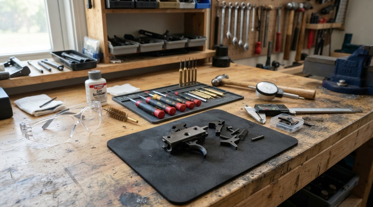 Organized workbench displaying essential tools including precision screwdrivers, calipers, safety glasses, cleaning supplies, and a disassembled trigger assembly laid out for inspection with natural lighting