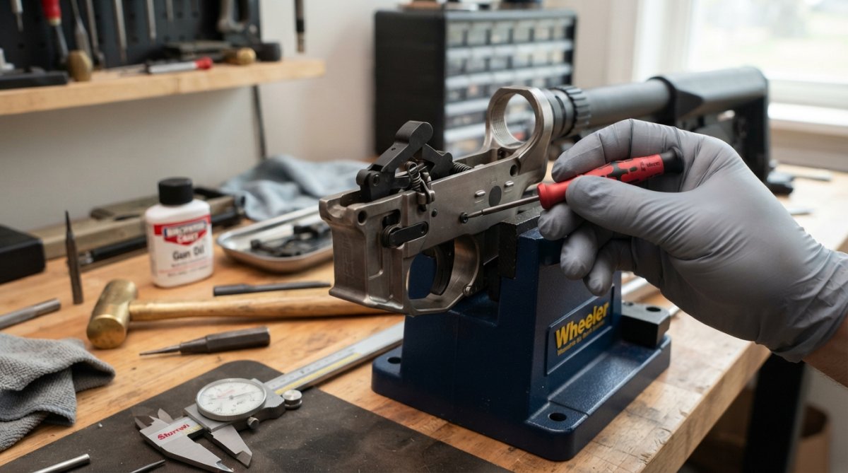 Close-up of a trigger assembly with the adjustment screw clearly visible, hands holding a precision screwdriver positioned at the screw, well-lit workbench with measuring tools nearby