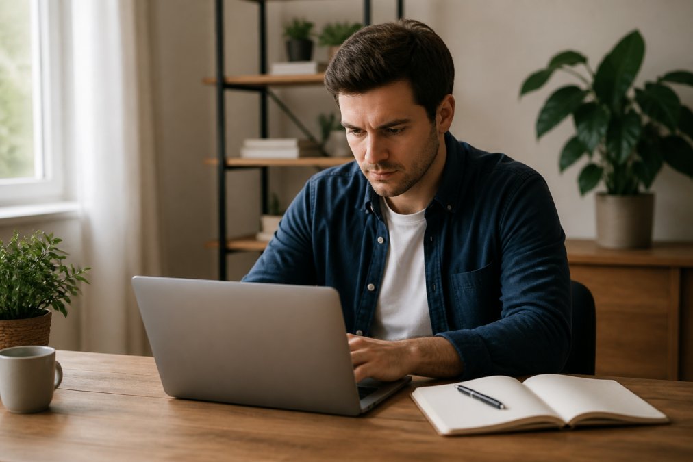 A focused entrepreneur working on a laptop at a clean desk, with a notebook and pen beside them, in a bright home office setting