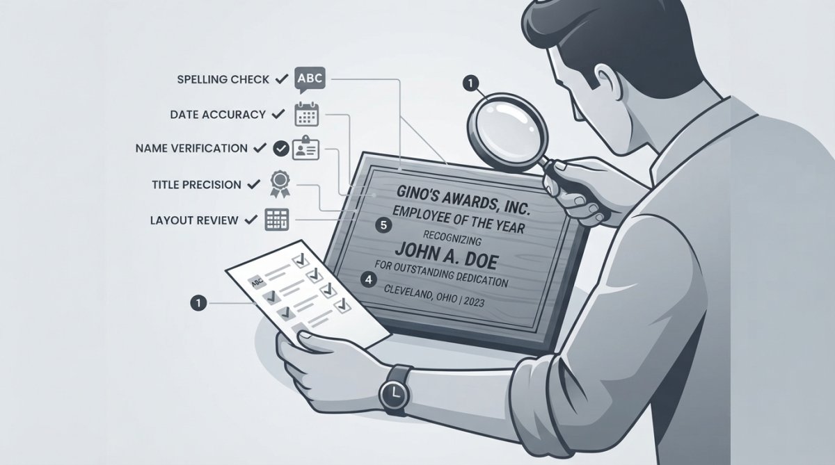 Close-up of a professional carefully reviewing an engraved award plaque with a checklist and magnifying glass, comparing text line by line with careful attention