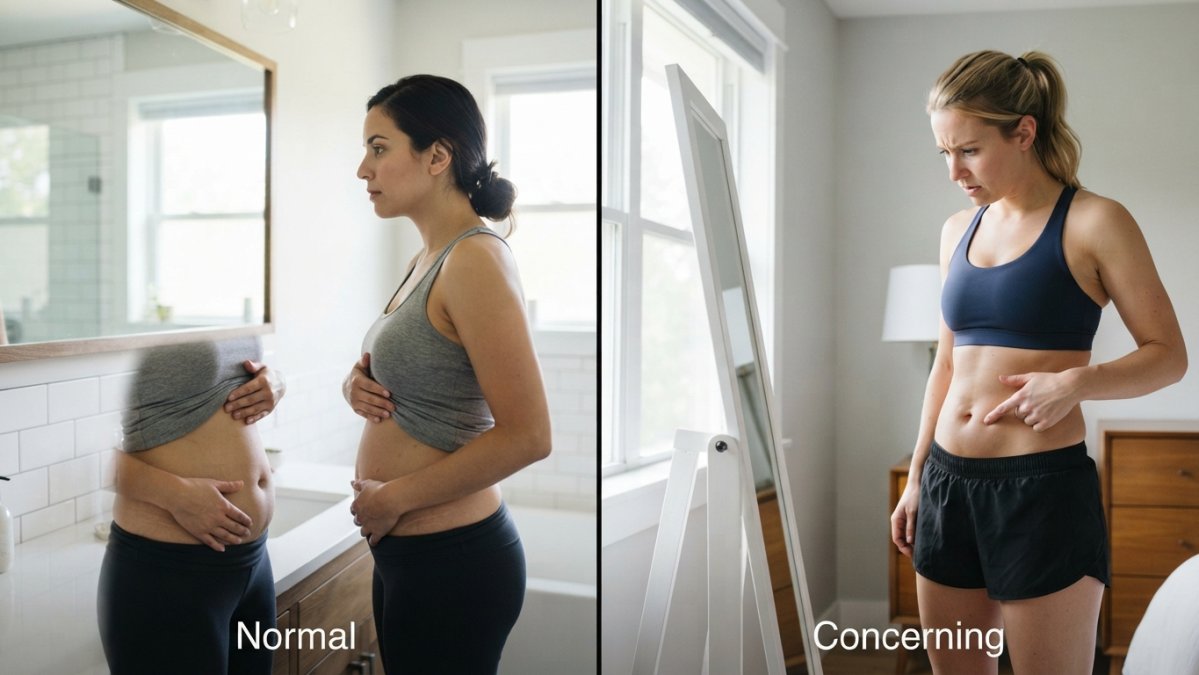 Patient checking their abdomen in a mirror to monitor healing and potential uneven liposuction results.