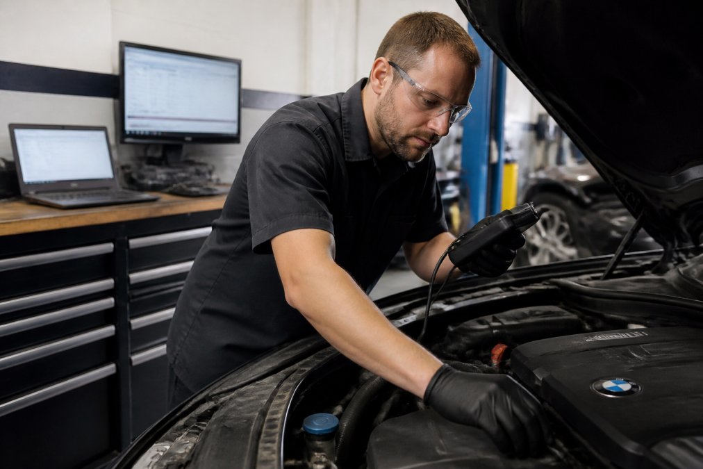 ASE certified mechanic in professional uniform performing computerized diagnostic scan on European luxury vehicle engine, with diagnostic equipment and monitors visible on workbench in modern repair bay