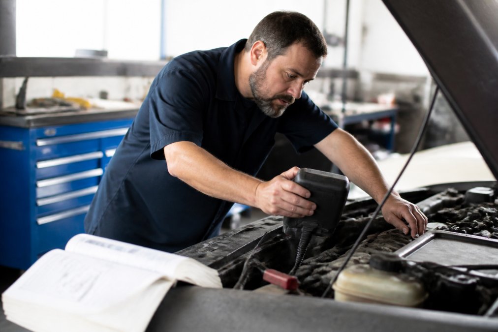 ASE certified mechanic in professional uniform leaning over open engine bay, using diagnostic scanner connected to vehicle computer, with technical manuals and repair equipment visible on workbench in well-lit service bay