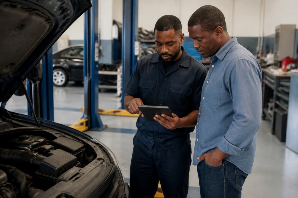 A car owner and a technician standing in a service bay, both looking at a tablet displaying diagnostic data while the hood is open on a sedan