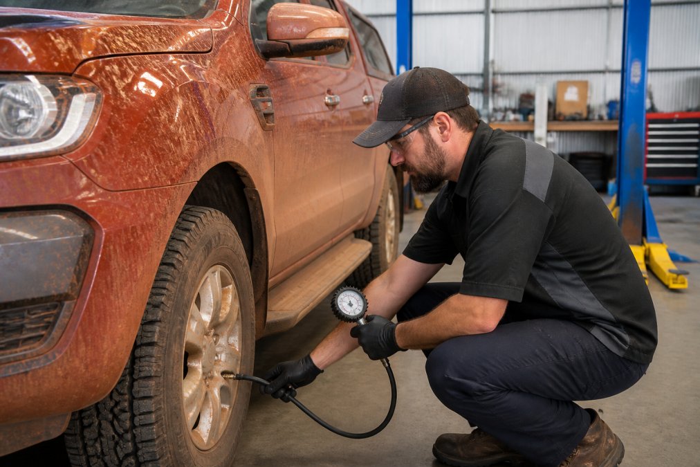Mechanic checking tyre pressure on a dusty ute to prevent unnecessary car repairs after regional driving.